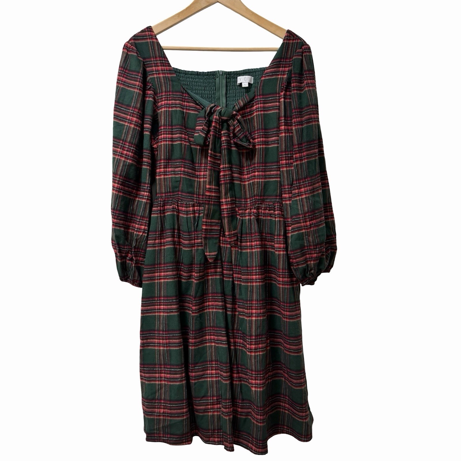 Ivy City Co Womens Margo Plaid Smocked Knee Length Dress Size L Green Holiday